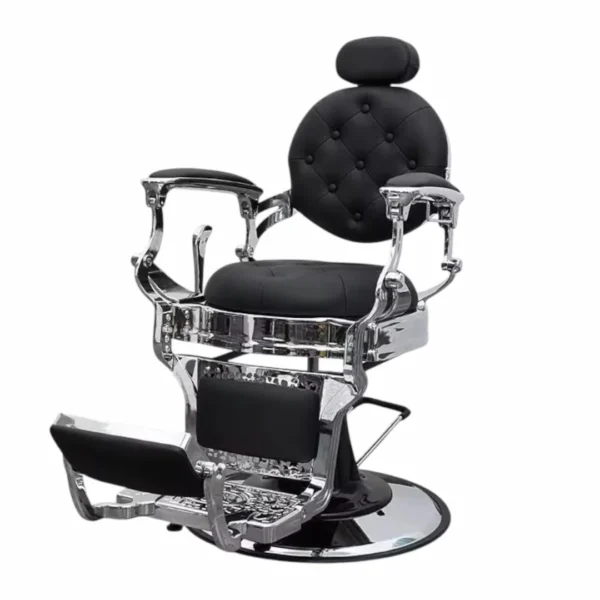 Silla de barberia premium de lujo clasica negra con detalles plataedos